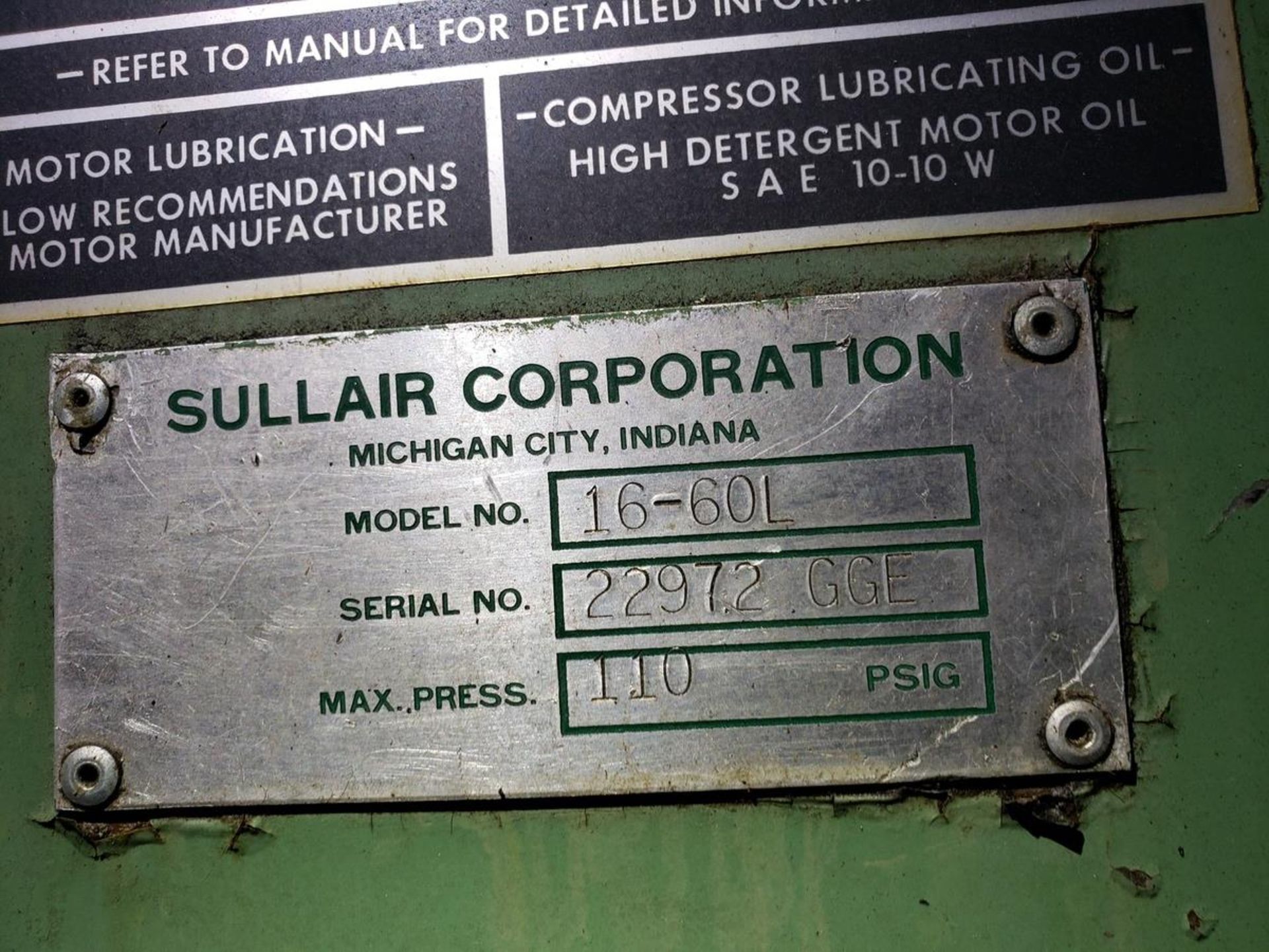 Sullair 60 HP Rotary Screw Air Compressor, M# 16-60L - Image 2 of 3