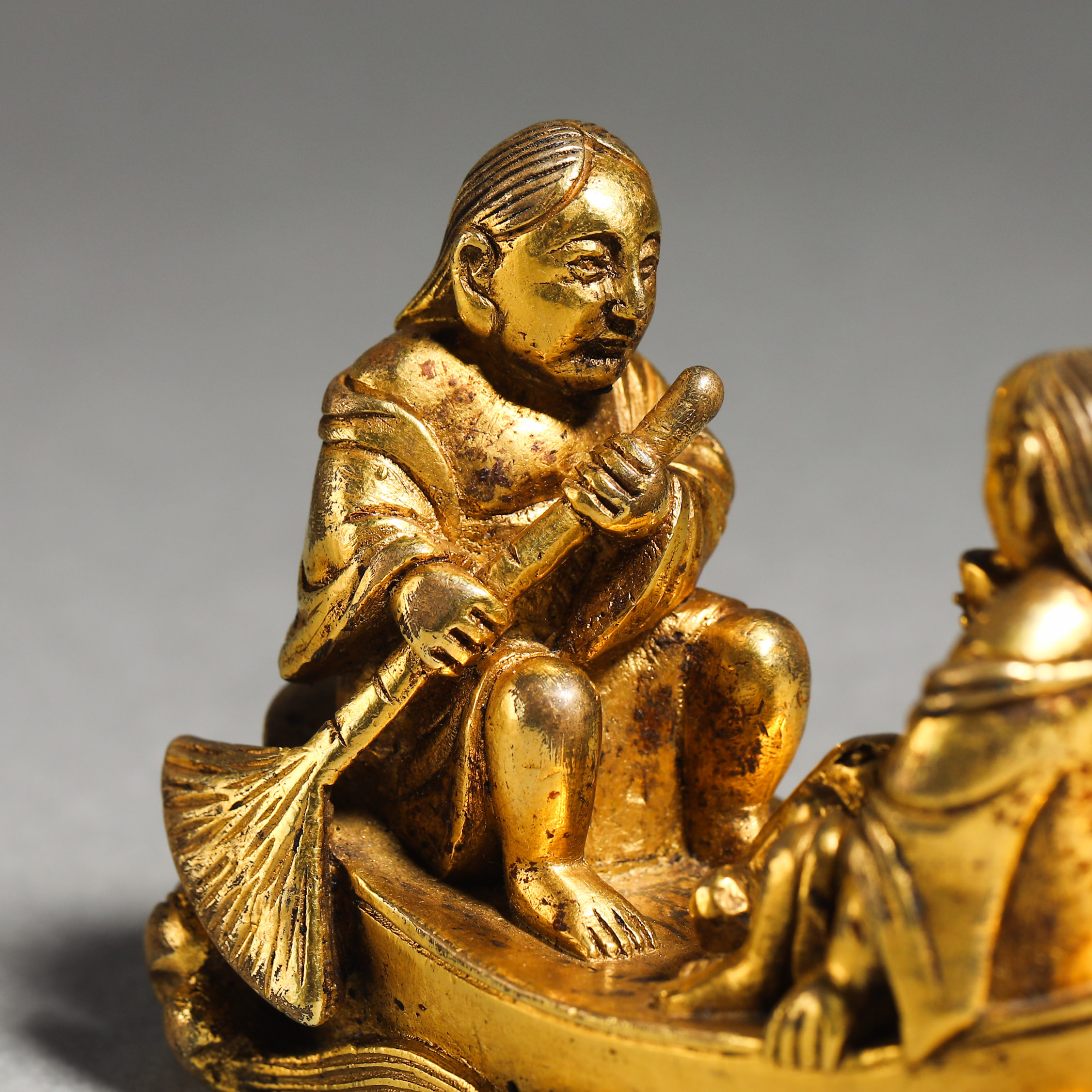Ming dynasty Xuande copper gilt and two immortal ornaments - Image 2 of 7