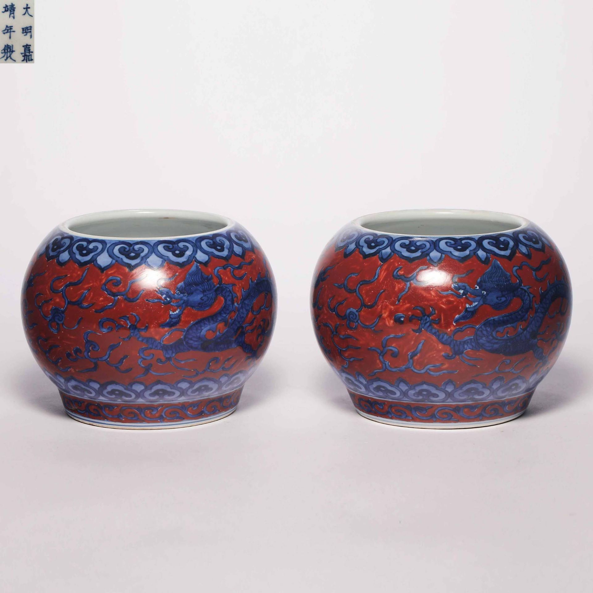Ming Dynasty A pair of red jars in the blue and white glaze 