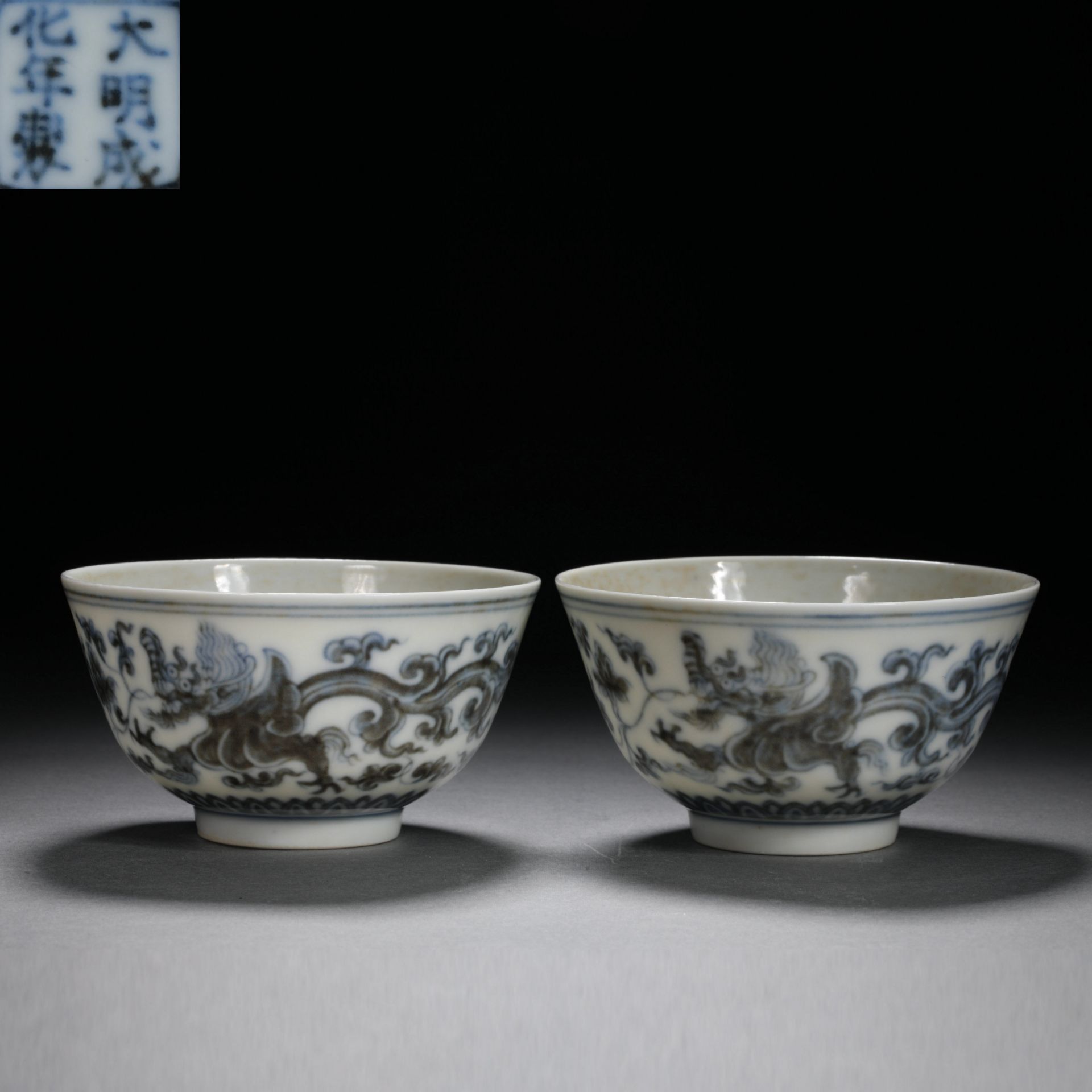 A pair of Ming dynasty blue and white porcelain carved dragon pattern bowls