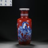 Qing dynasty red-glazed blue and white porcelain carved figure stick mallet vase