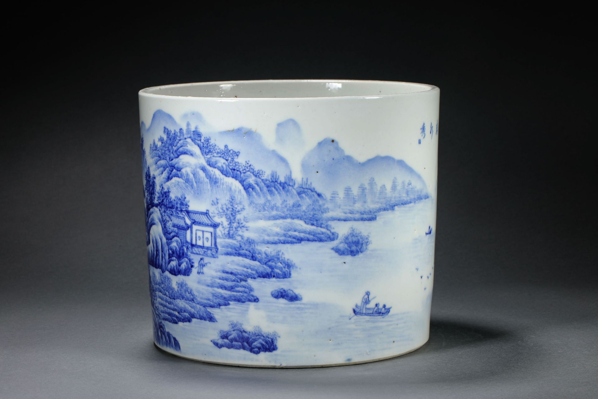 Qing dynasty blue and white landscape pattern pen holder - Image 3 of 8