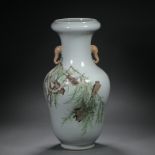 Qing dynasty pastel carved flower bird elephant ear vase