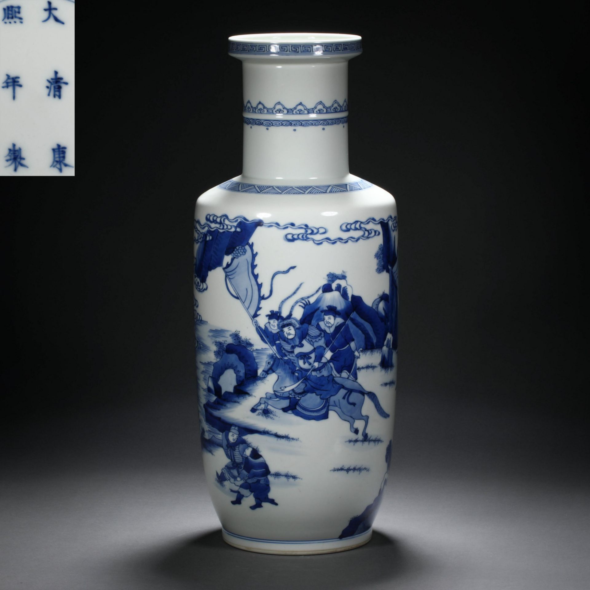 Kangxi inscription blue and white porcelain figure ornamental vase