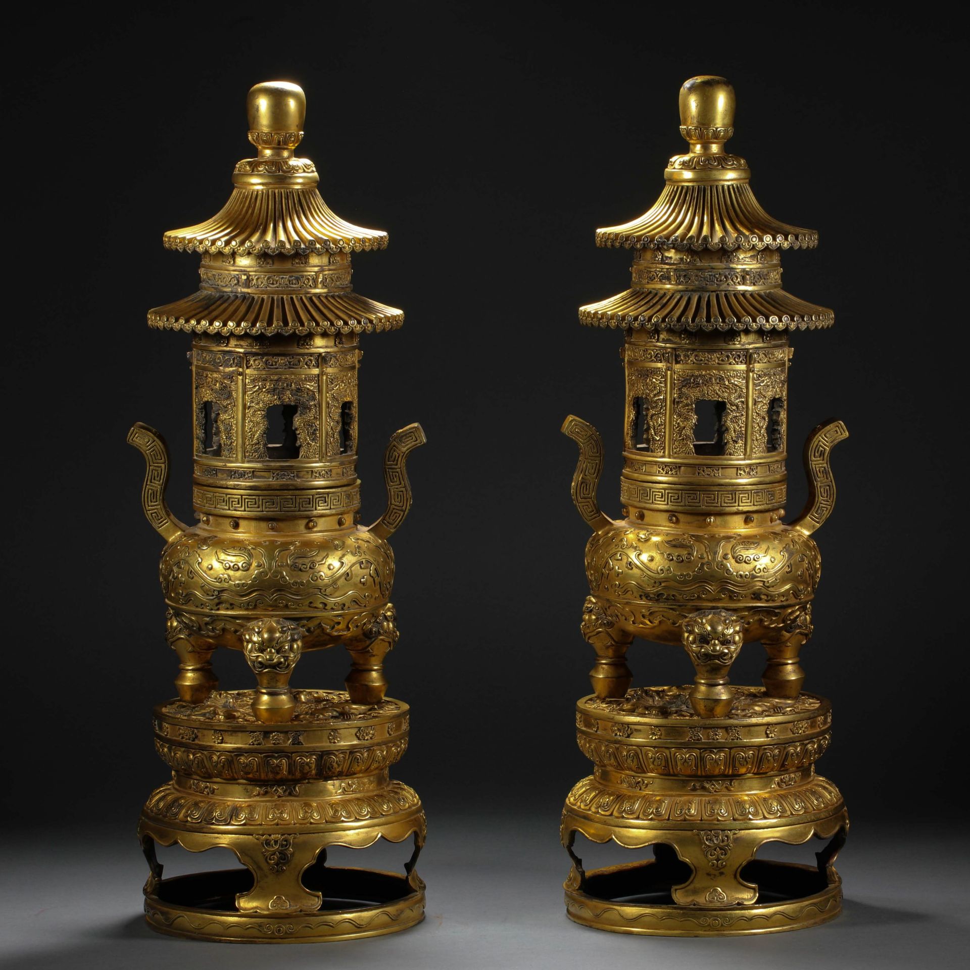 A pair of copper gilt aromatherapy