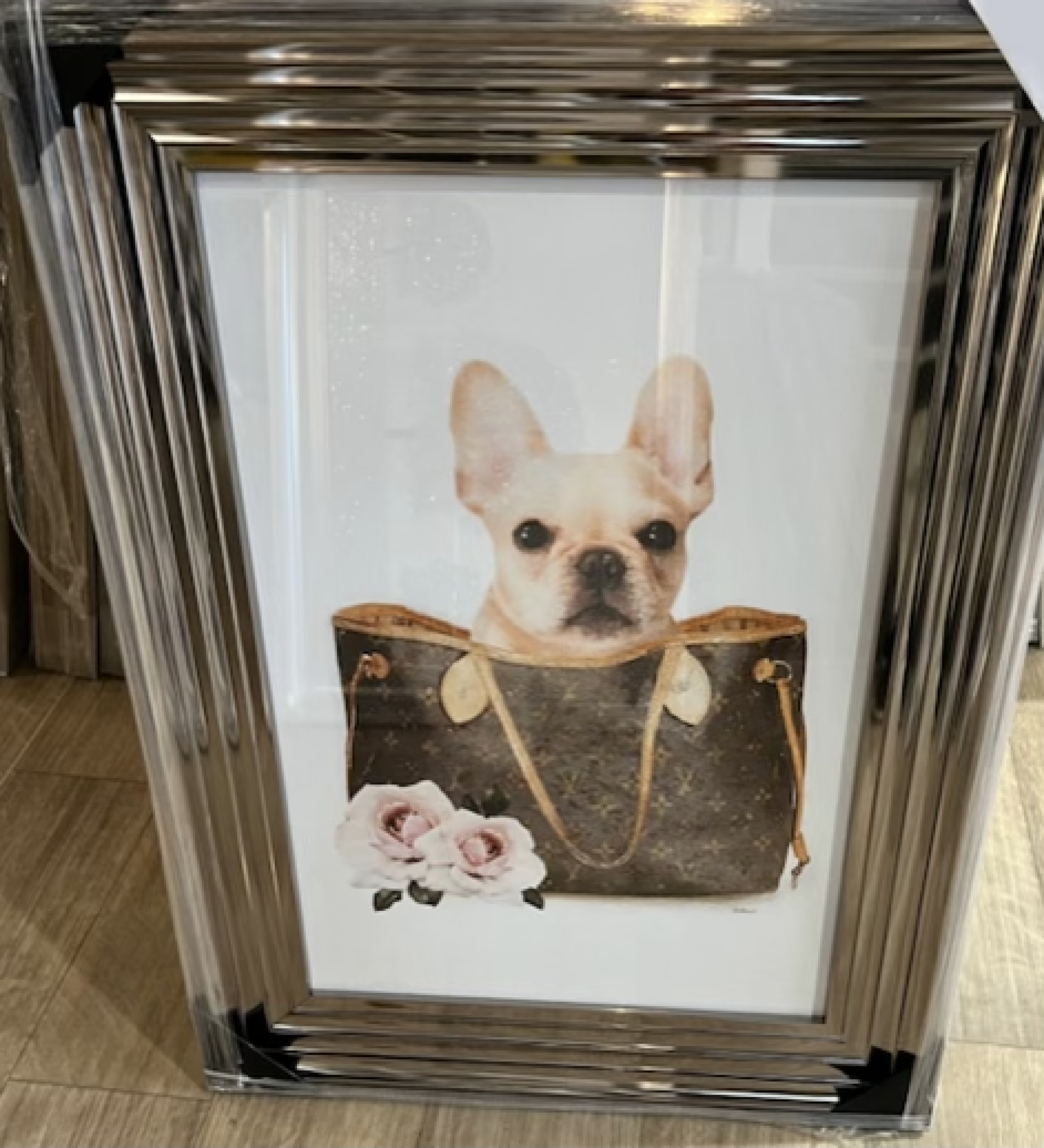 Designer Frenchie in a Handbag art Piece - Brand New - Hand Embellished Art in Three Tier Frame - Image 3 of 4