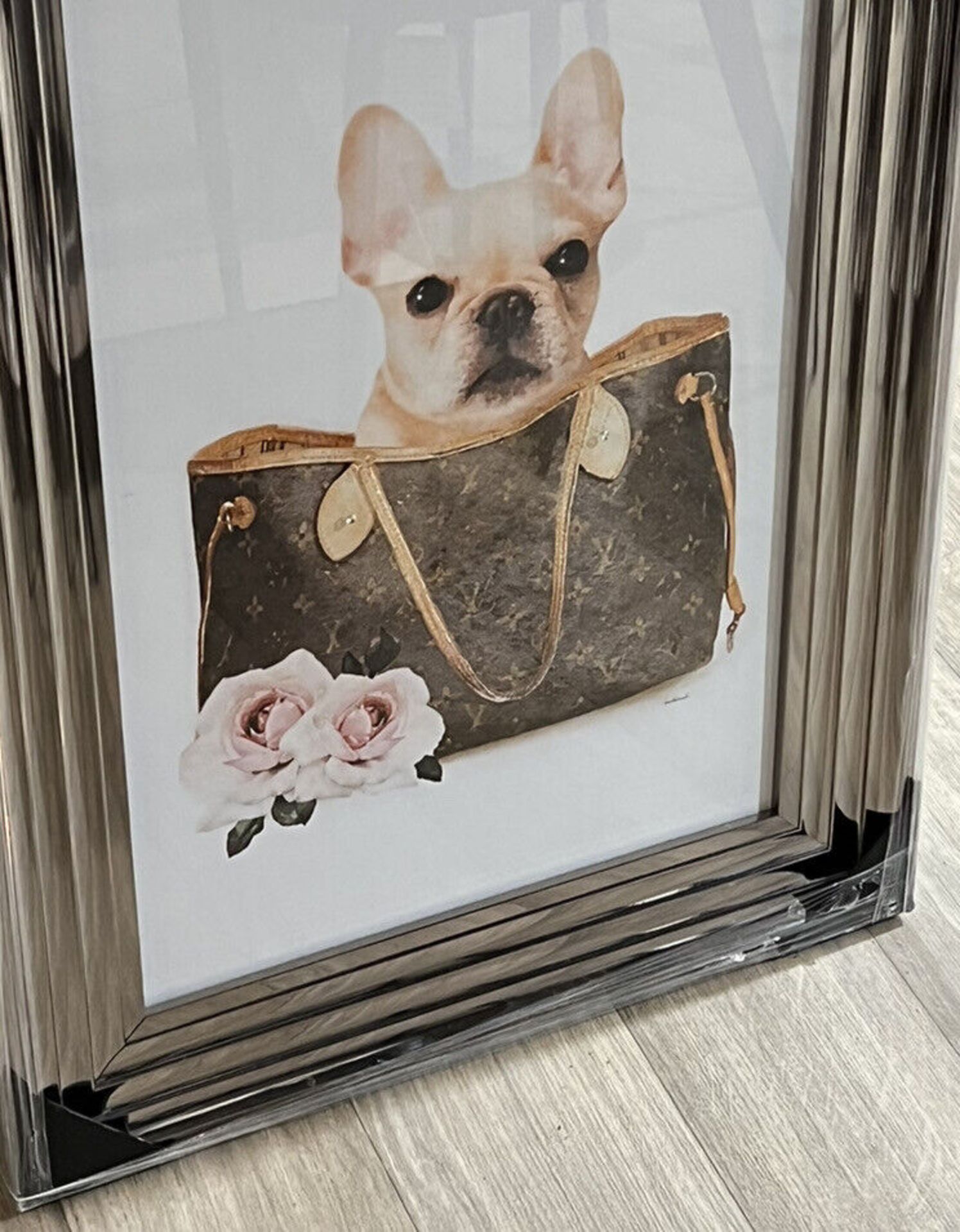 Designer Frenchie in a Handbag art Piece - Brand New - Hand Embellished Art in Three Tier Frame - Image 2 of 4