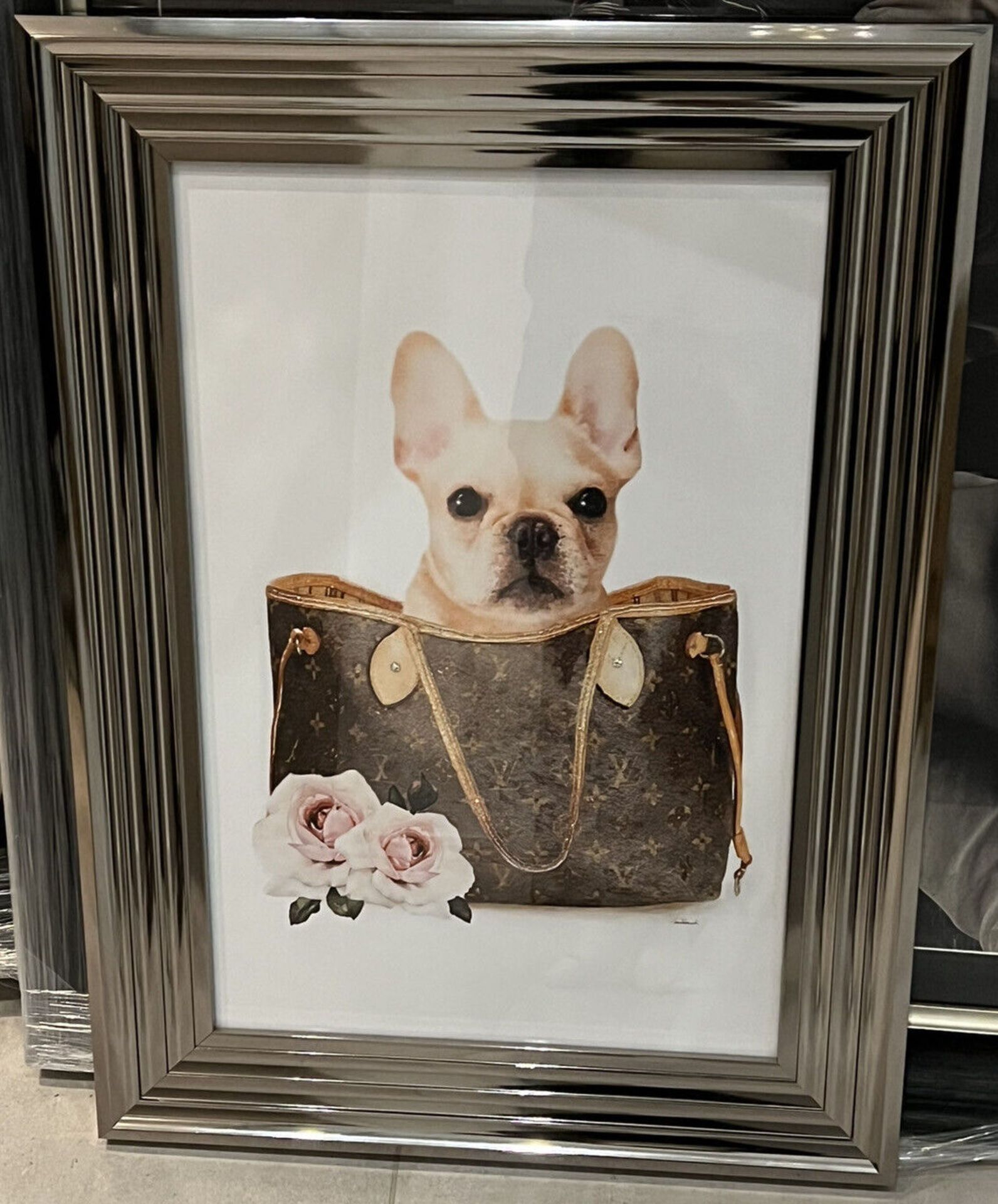 Designer Frenchie in a Handbag art Piece - Brand New - Hand Embellished Art in Three Tier Frame