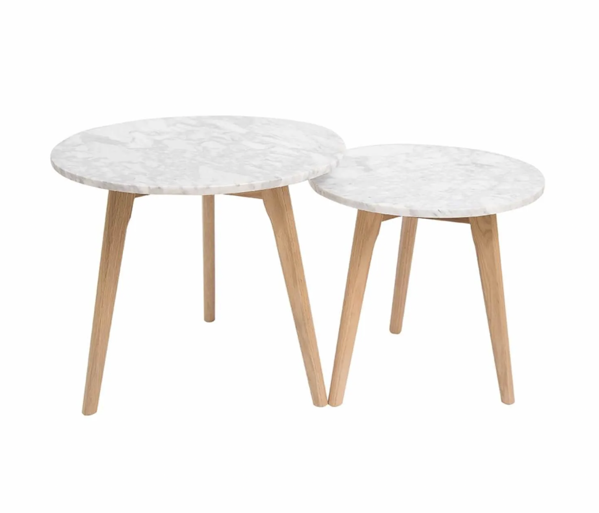 HARLOW ROUND NEST OF TWO TABLES IN MARBLE/WHITE WITH OAK LEGS - RRP £289