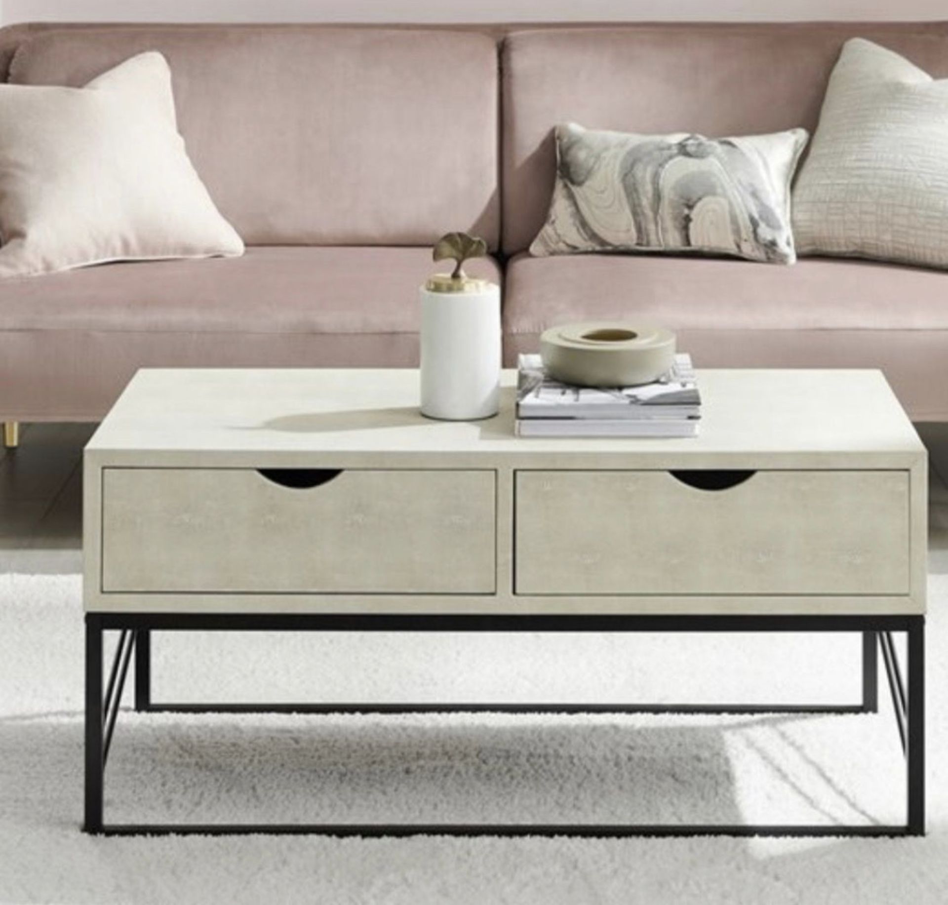 EYNESFORD 2 DRAWER FAUX SHAGREEN COFFEE TABLE IN OFF WHITE - RRP £349 - Image 2 of 5