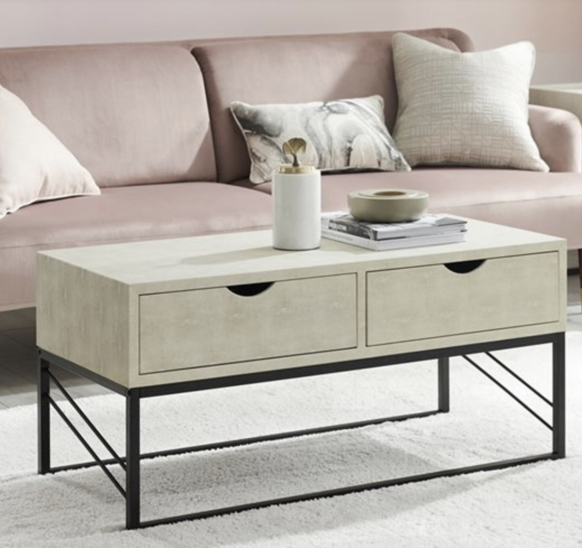 EYNESFORD 2 DRAWER FAUX SHAGREEN COFFEE TABLE IN OFF WHITE - RRP £349
