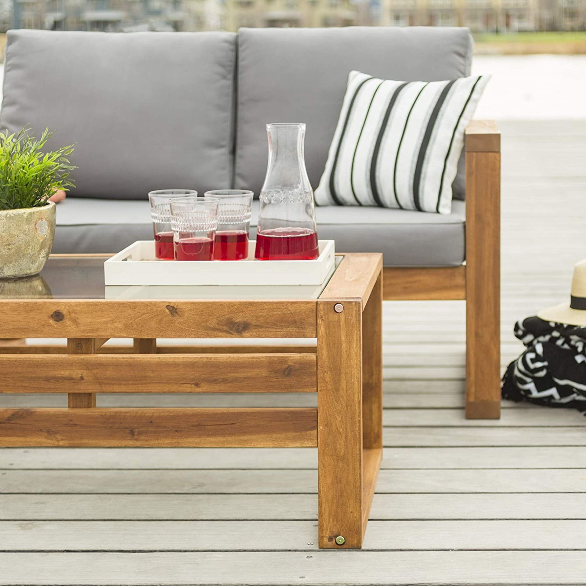 WALKER EDISON SORRENTO MODERN ACACIA WOODEN GLASS TOPPED OUTDOOR COFFEE TABLE - RRP £199 - Image 2 of 8