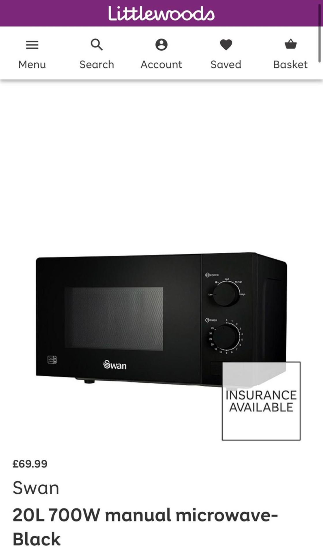 RAW RETURN - Swan 20L 700W manual microwave- Black