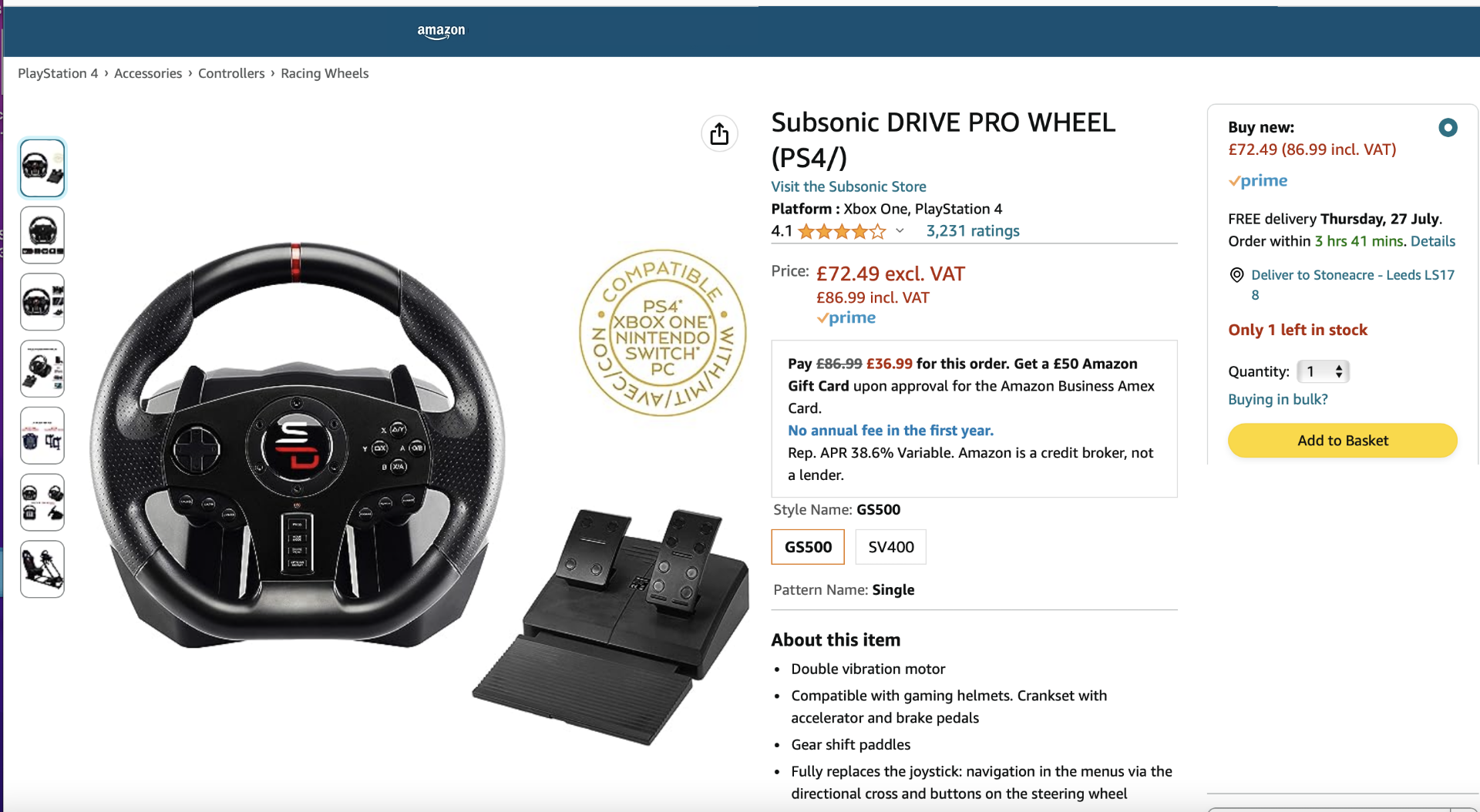 RAW RETURN - 4 x SUBSONIC GS500 Driving Wheel/Pedals- PS4/PS3/XBOX ONE/PC/SWITCH- RRP NEW £347.96+ ! - Image 2 of 5