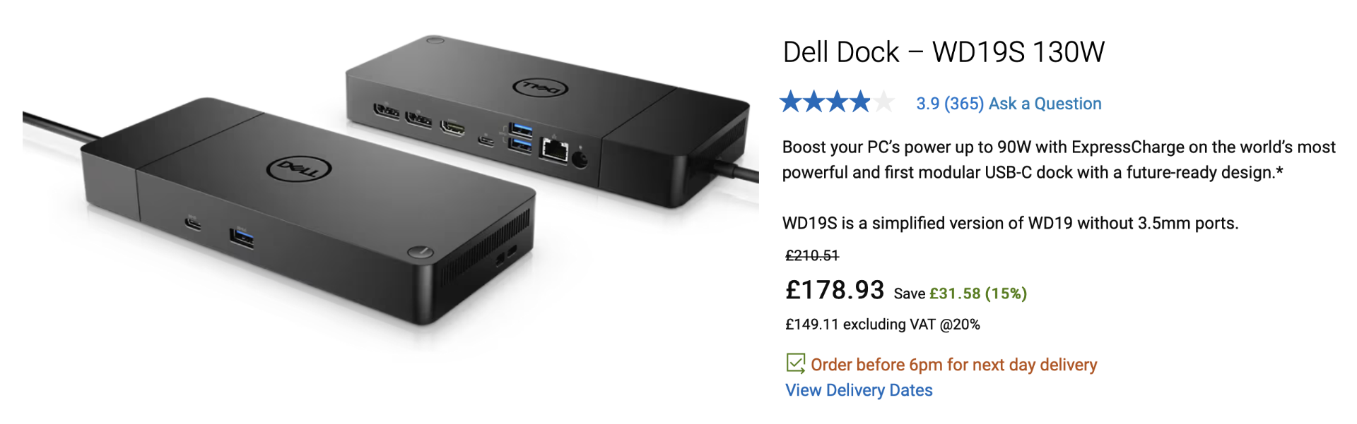 Dell WD19S Docking Station  -   NO VAT! - Image 2 of 2