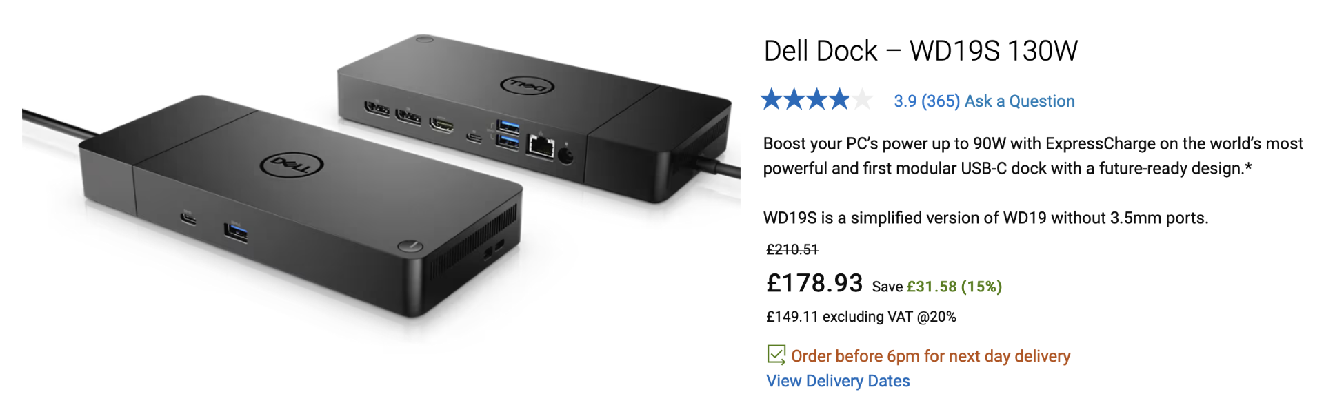 Dell WD19S Docking Station -  Open Box  -   NO VAT! - Image 2 of 2