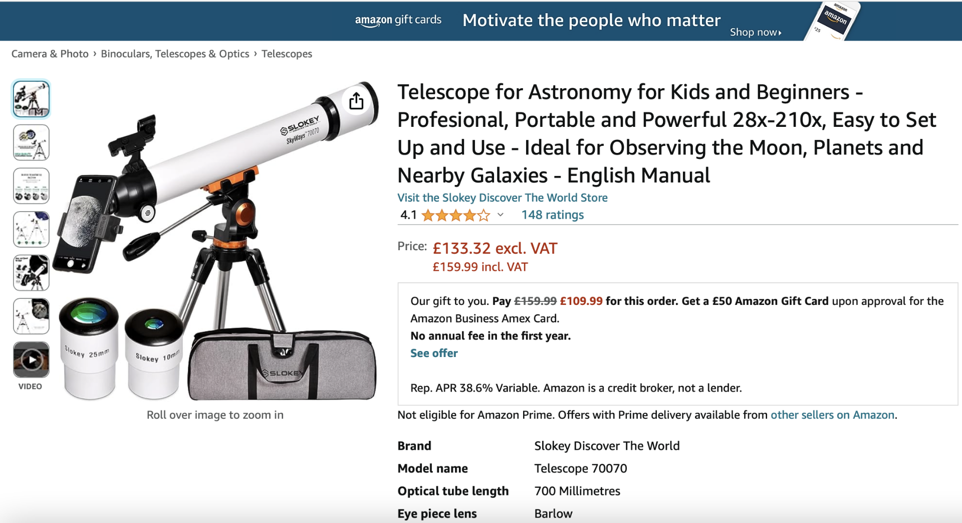 1X SLOKEY 70070 SKYWAYS TELESCOPE FOR ASTRONOMY WITH ACCESSORIES (NEW) - AMAZON RRP £159.99