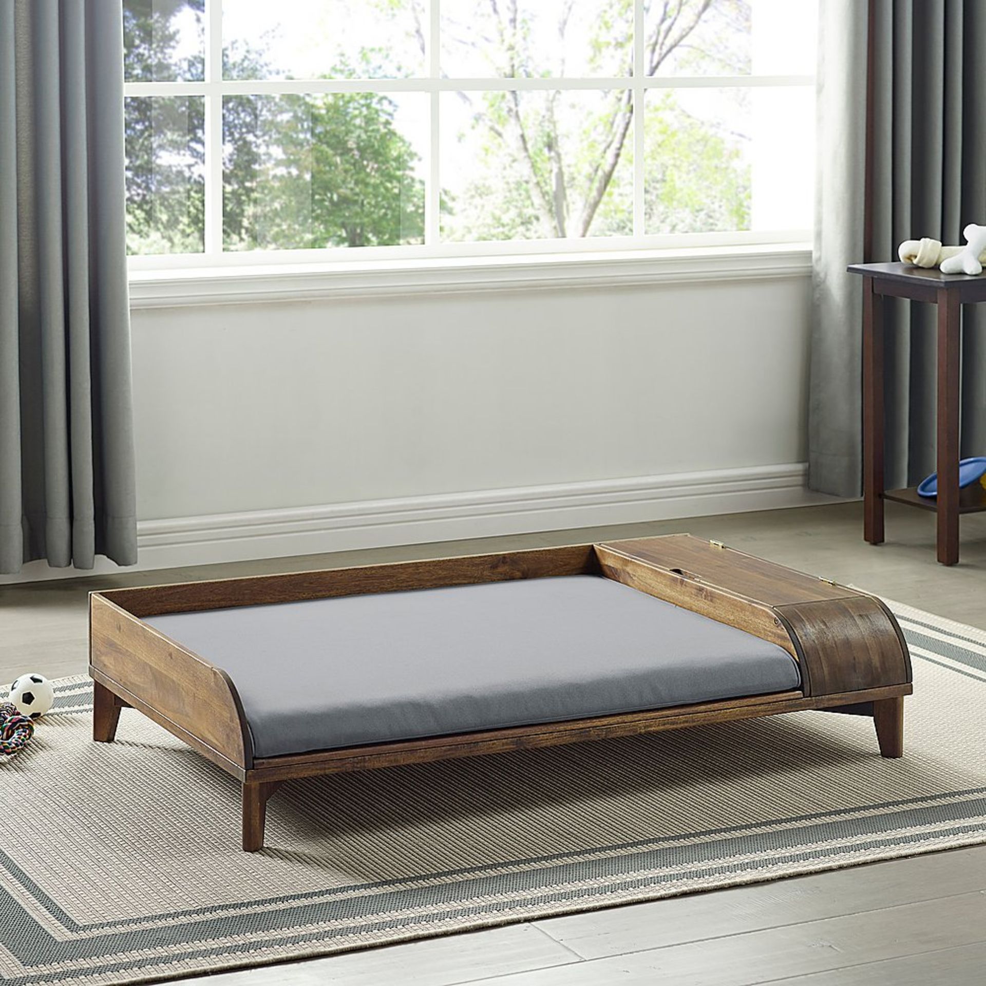 A1 PRODUCT NEW - SOLID WOOD STORAGE PED BED WITH CUSHION IN DARK BROWN/GREY - RRP Ã‚Â£245