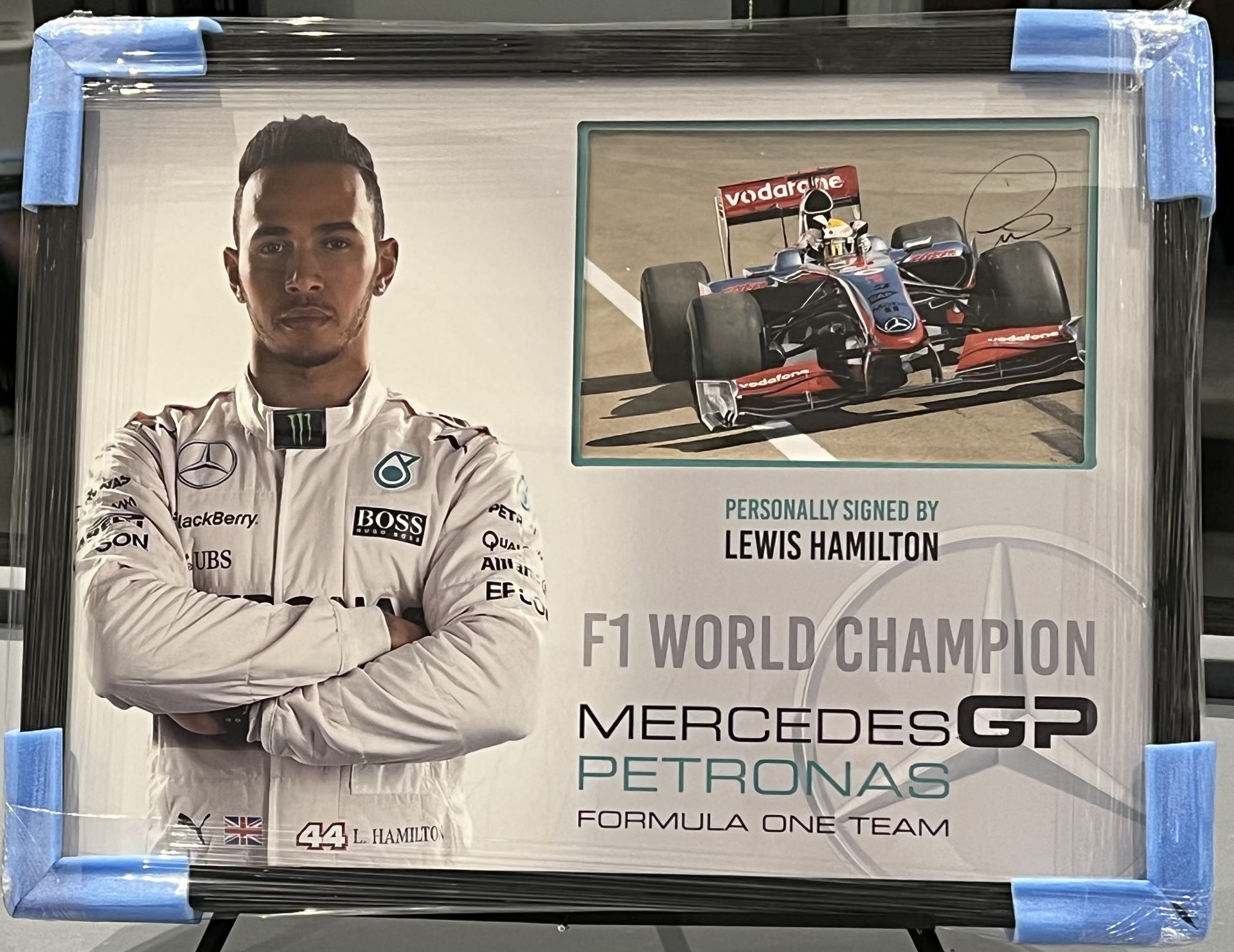 Hand Signed F1 Presentation of 'Lewis Hamiltonâ€™, within Graphic Designed Frame and COA