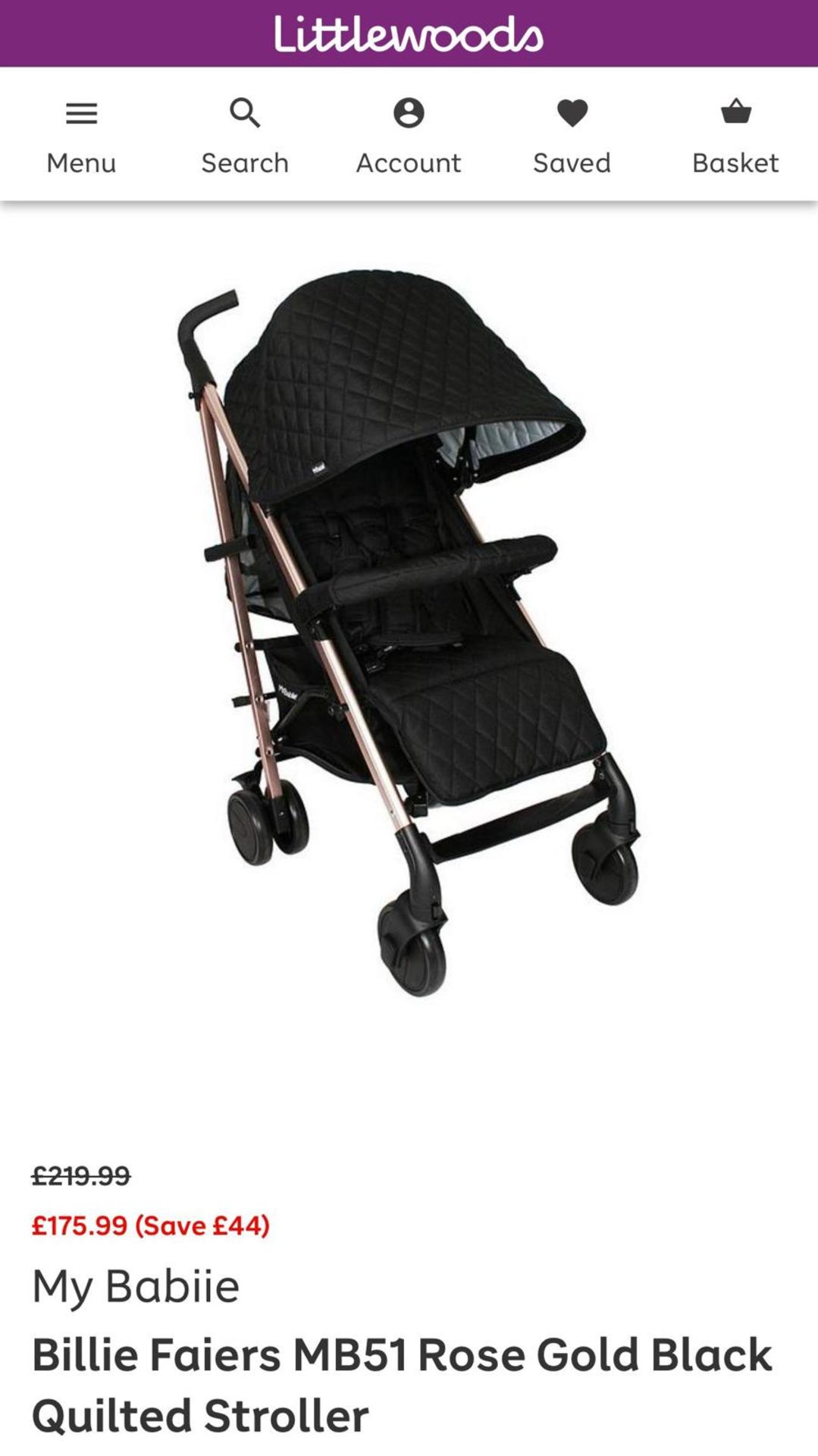 RAW RETURN - My Babiie Billie Faiers MB51 Rose Gold Black Quilted Stroller