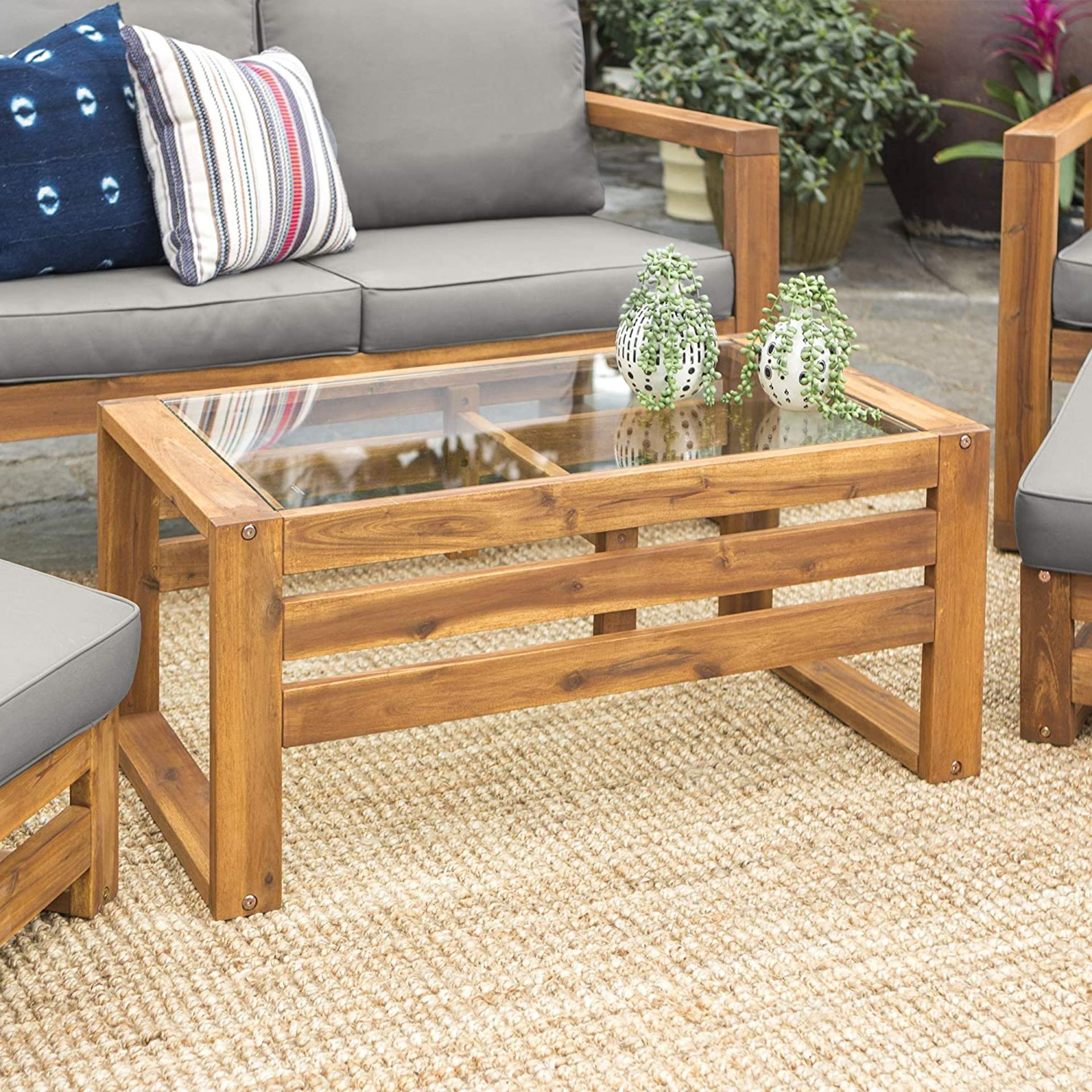 A1 PRODUCT NEW - WALKER EDISON SORRENTO MODERN ACACIA WOODEN GLASS TOPPED OUTDOOR COFFEE TABLE - R