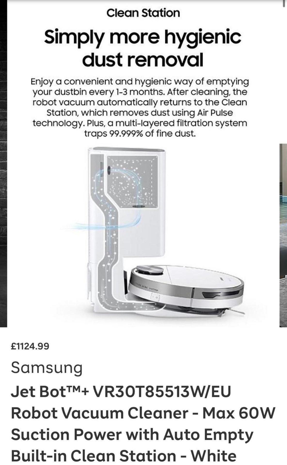 RAW RETURN - Samsung Jet BotÃ¢â€žÂ¢Ã¯Â¸Â+ VR30T85513W/EU Robot Vacuum Cleaner - Max 60W Suction Pow