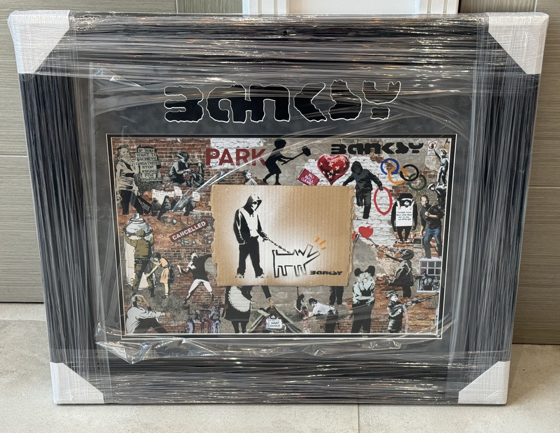 BANKSY SIGNED VELVET FRAMED â€˜BARKING DOG' ART PIECE WITH COA - NO VAT!