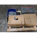 Pallet of misc items including approx 1000 builders string line blocks, self tapping screws,