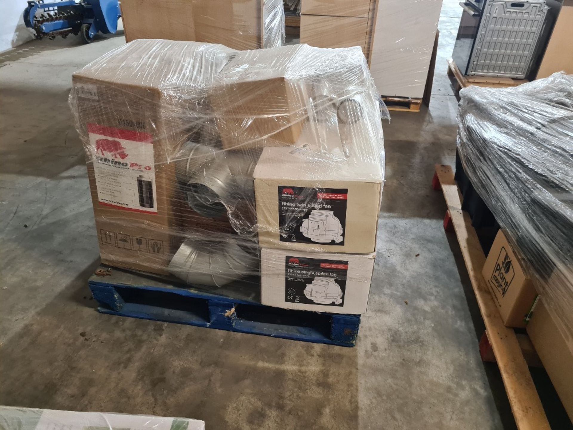 Hydroponics shop stock - pallet of rhino twin speed fans, pollen filters and duct tape.