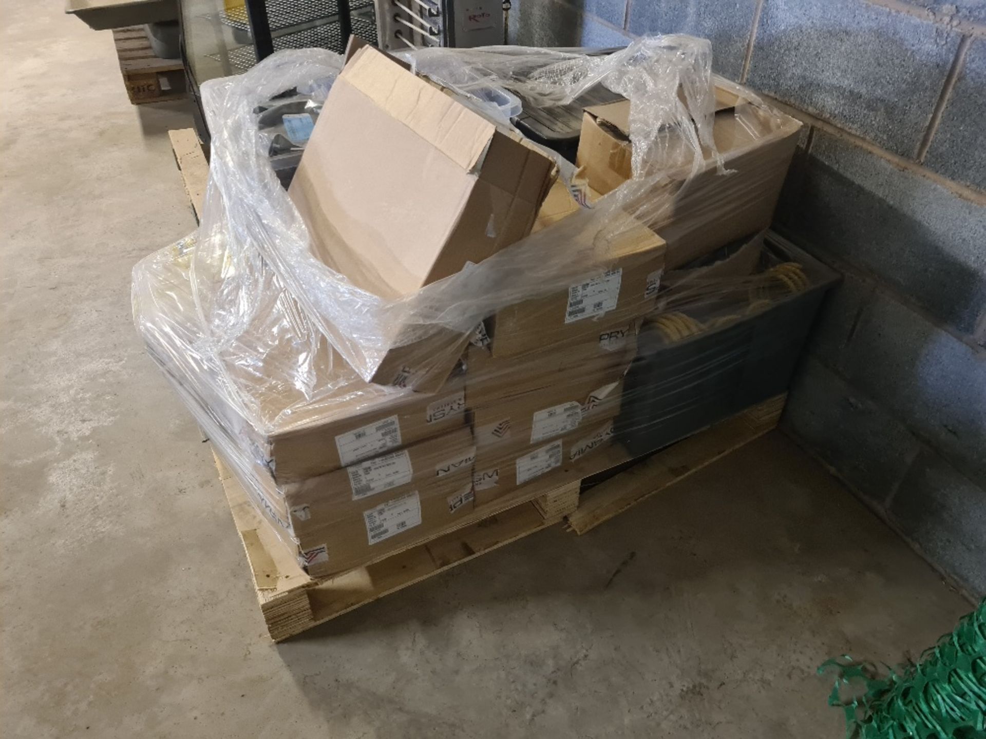 Pallet of assorted and telecomms parts and galv coach screws.