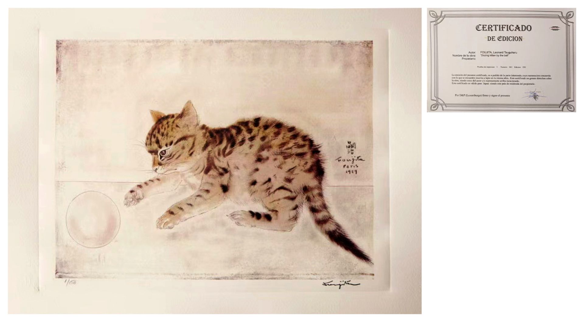 Leonard Tsuguharu Foujita (1886-1968), Dozing Kitten by the Ball, Lithograph