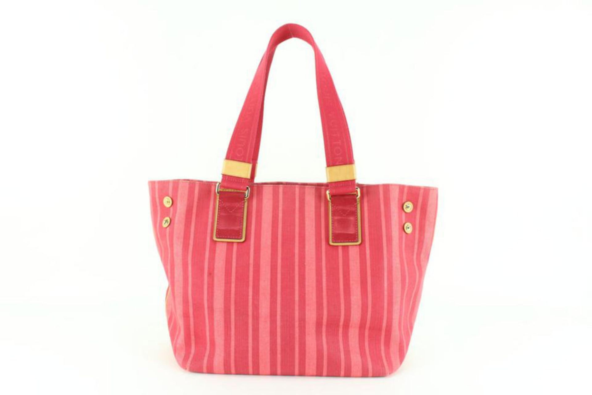 LOUIS VUITTON RED PINK STRIPED DENIM ARTICLES DE VOYAGE SOLEIL CABAS PM - Image 7 of 12