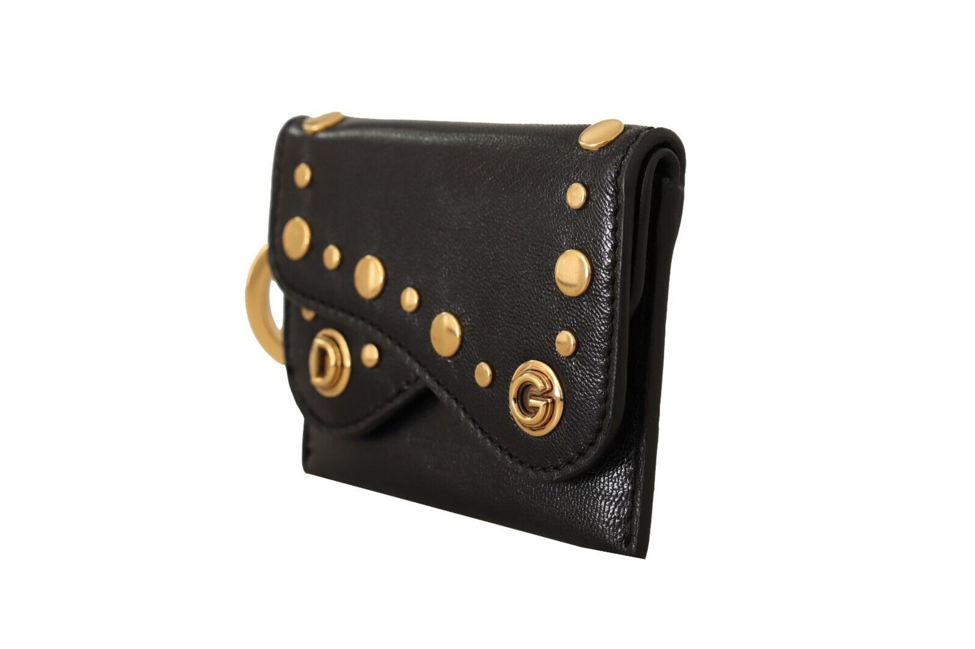 BLACK LEATHER MINI BIFOLD STUDDED KEYCHAIN WALLET - Image 5 of 9