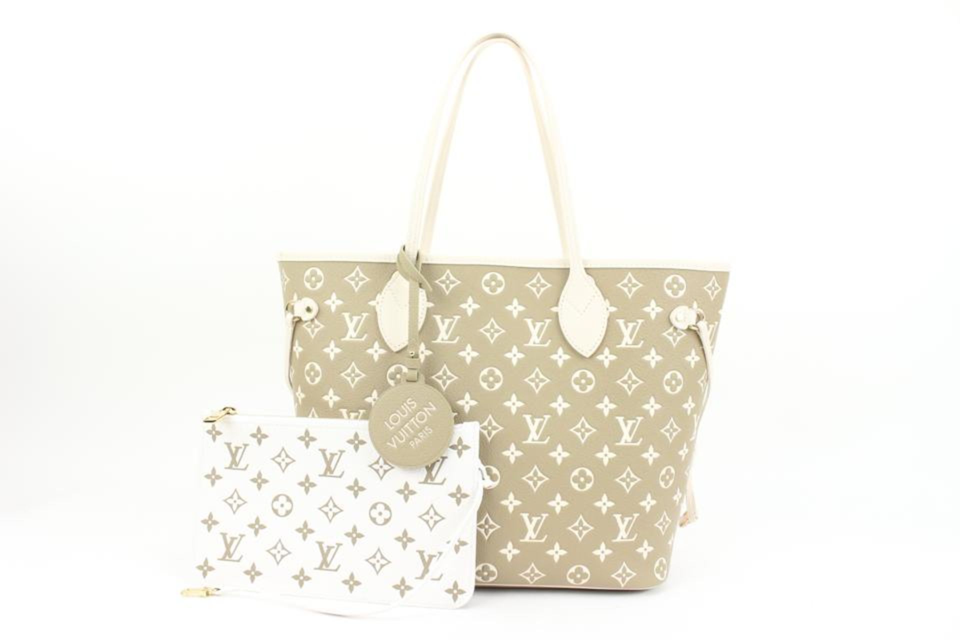 LOUIS VUITTON KHAKI X BEIGE MONOGRAM LEATHER EMPREINTE NEVERFULL MM TOTE