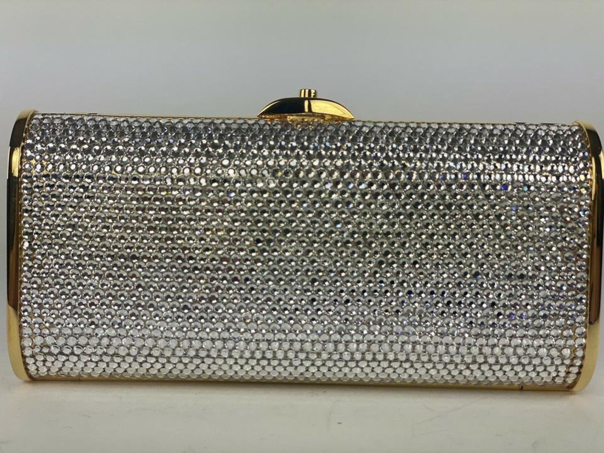 JUDITH LEIBER FULL BEAD CRYSTAL MINAUDIERE GOLD SILVER CHAIN CROSSBODY EVENING