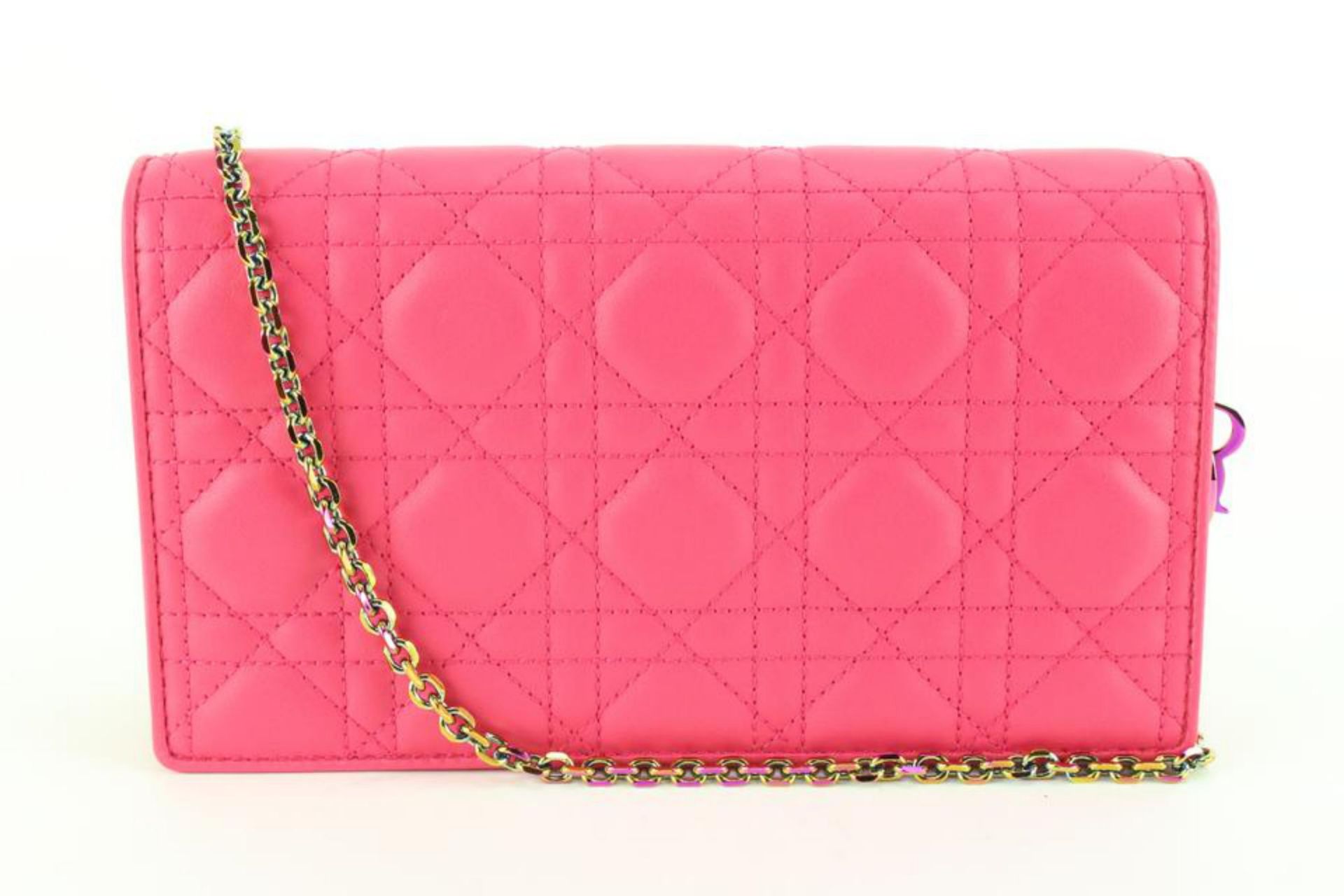 DIOR PINK LAMBSKIN QUILTED CANNAGE LADY POUCH WITH RAINBOW HARDWARE