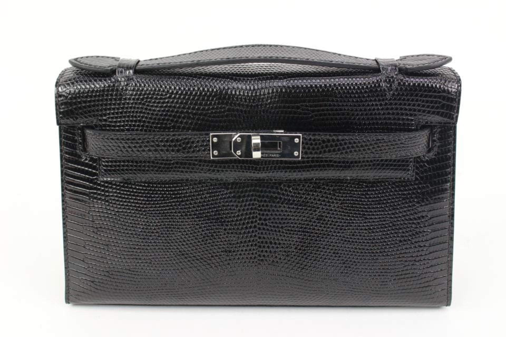 HERMES 2021 BLACK LIZARD KELLY POCHETTE MINI HANDBAG