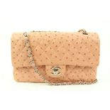 CHANEL PEACH LIGHT PINK QUILTED OSTRICH MEDIUM CLASSIC DOUBLE FLAP