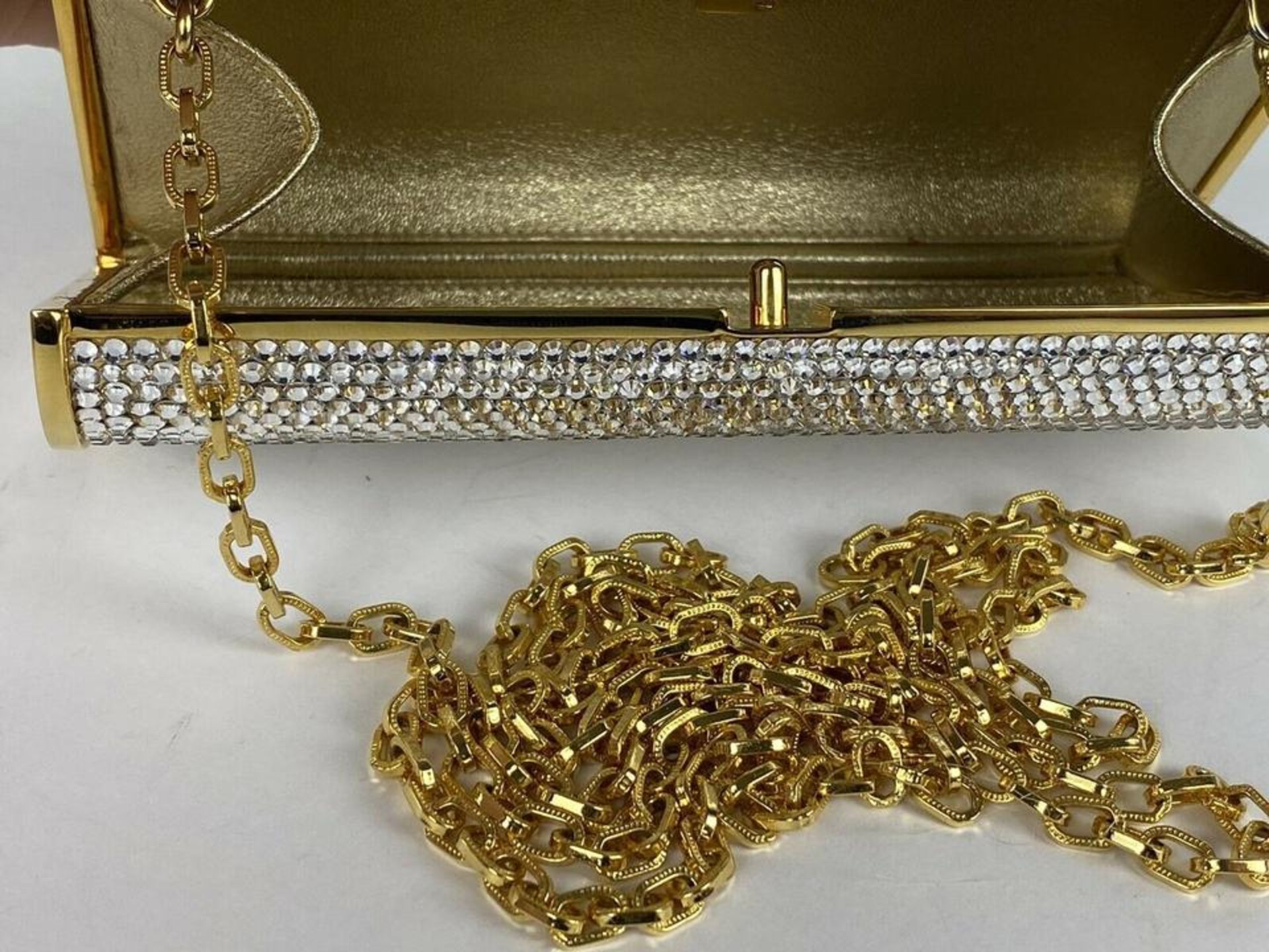 JUDITH LEIBER FULL BEAD CRYSTAL MINAUDIERE GOLD SILVER CHAIN CROSSBODY EVENING - Image 5 of 9