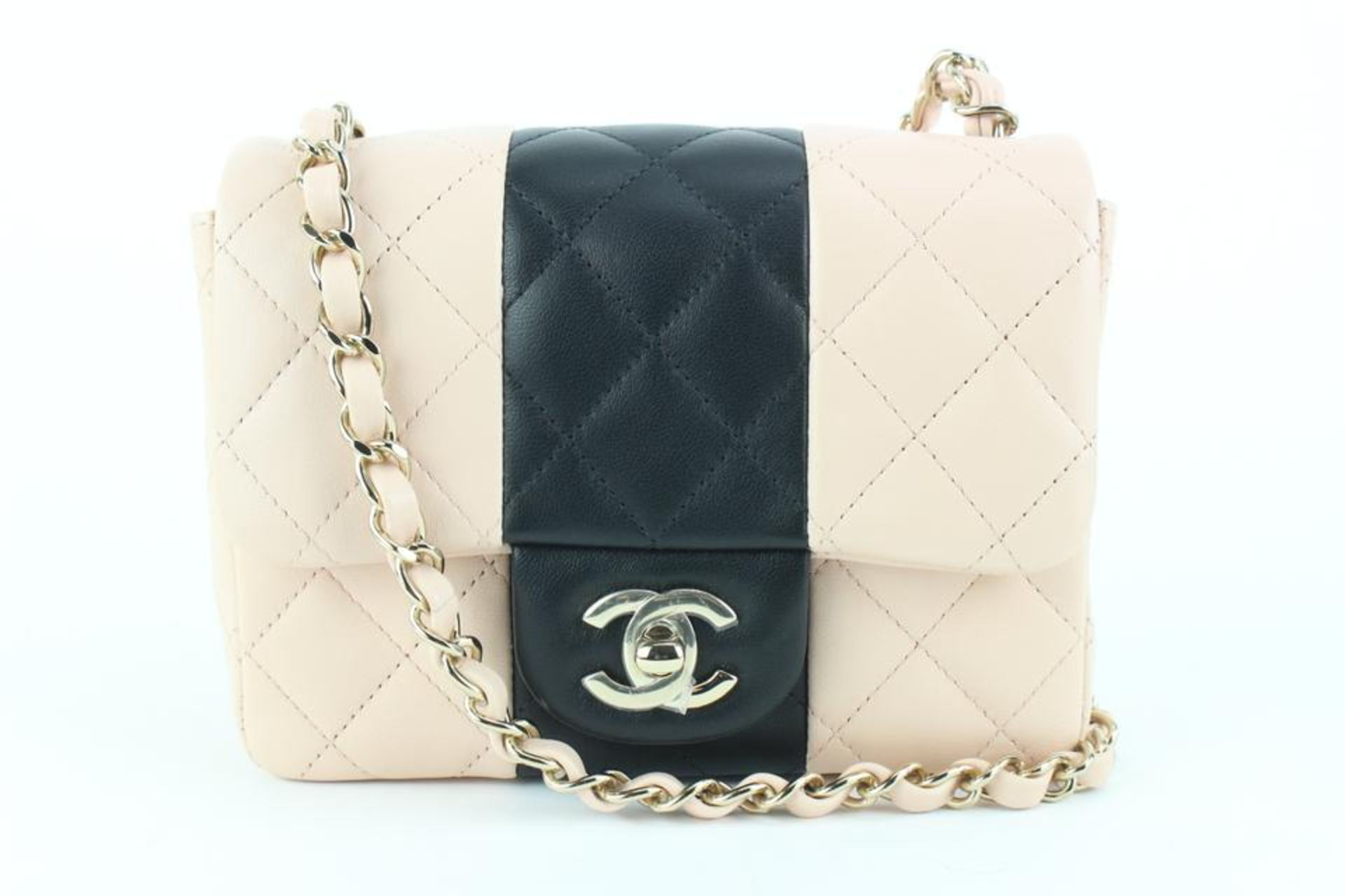 CHANEL 22C LIGHT BEIGE BLACK LAMBSKIN MINI SQUARE CLASSIC FLAP