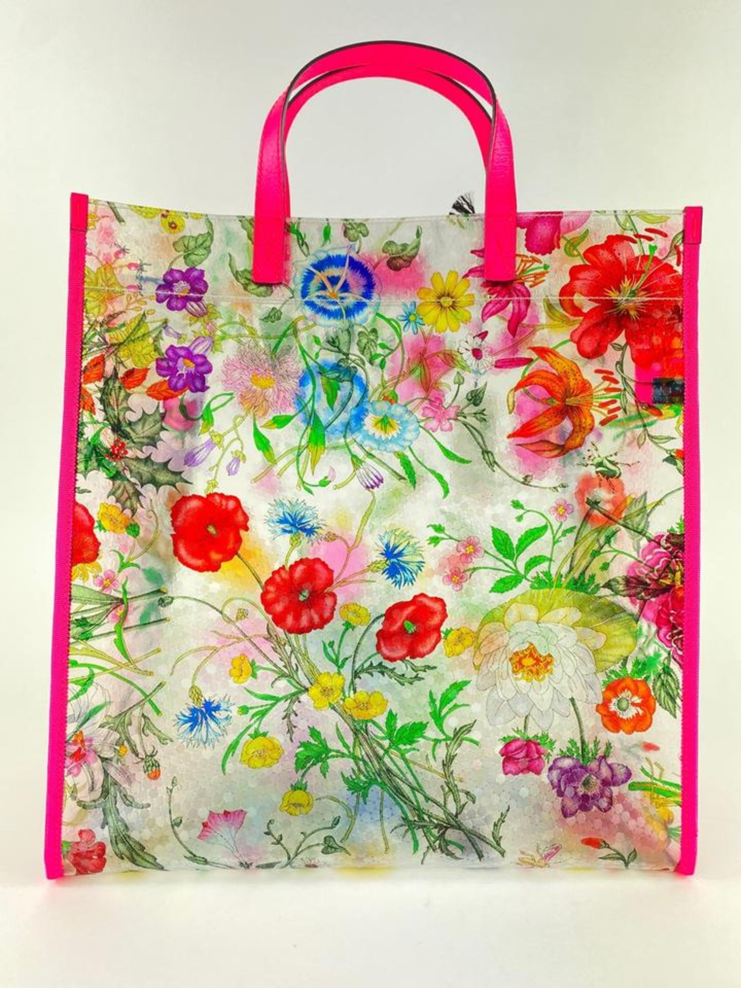 GUCCI CLEAR FLOWER VINYL FLORA TOTE FLUORESCENT FUCHSIA TOTE BAG