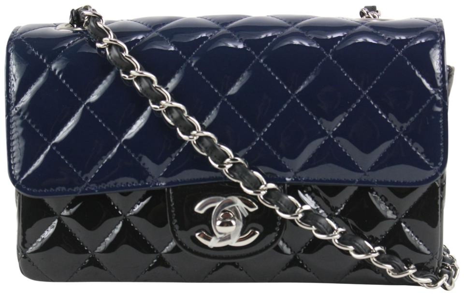 CHANEL BICOLOR BLACK X NAVY QUILTED PATENT MINI CLASSIC FLAP SILVER