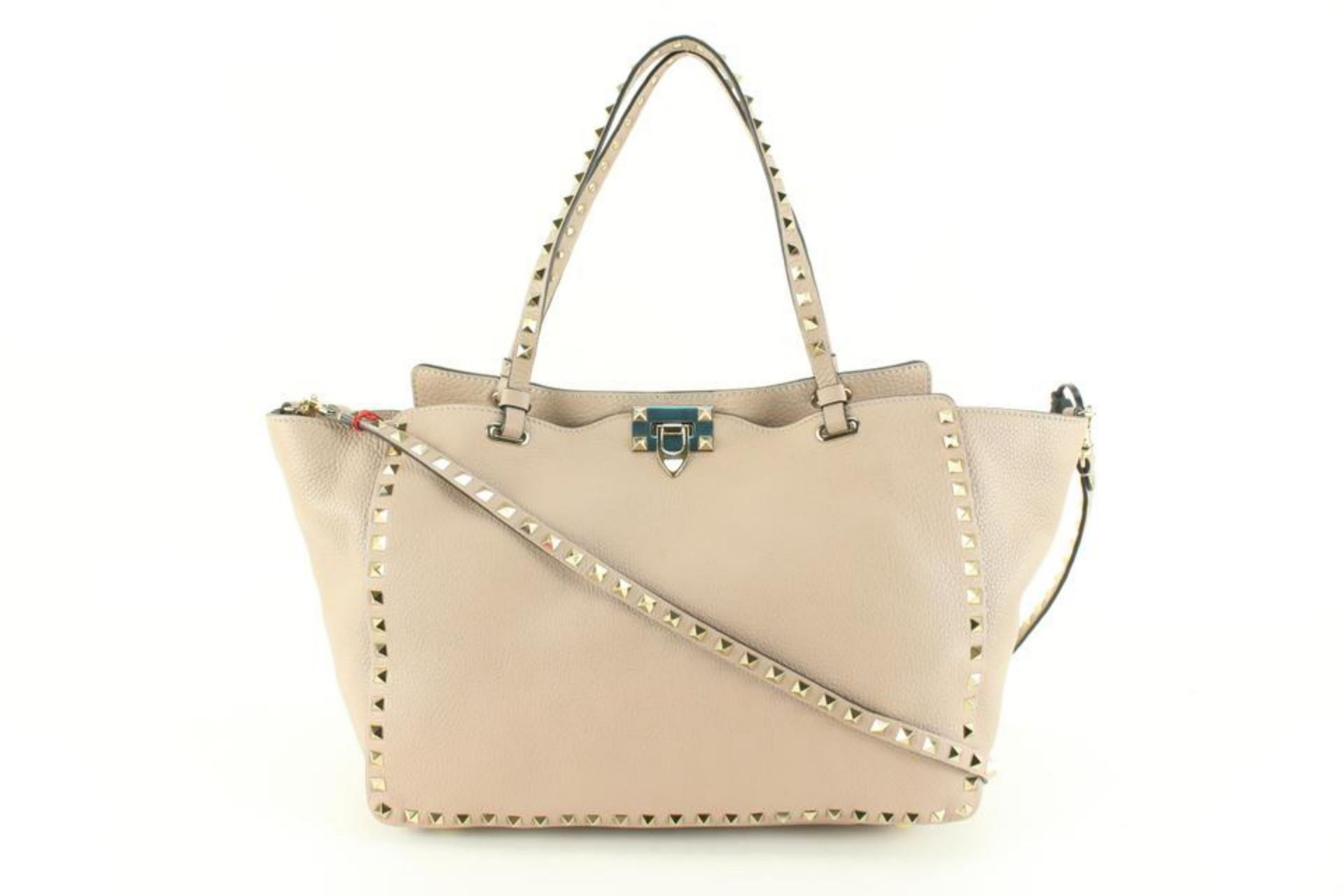 VALENTINO POUDRE BEIGE VITELLO LEATHER ROCKSTUD 2WAY TOTE BAG