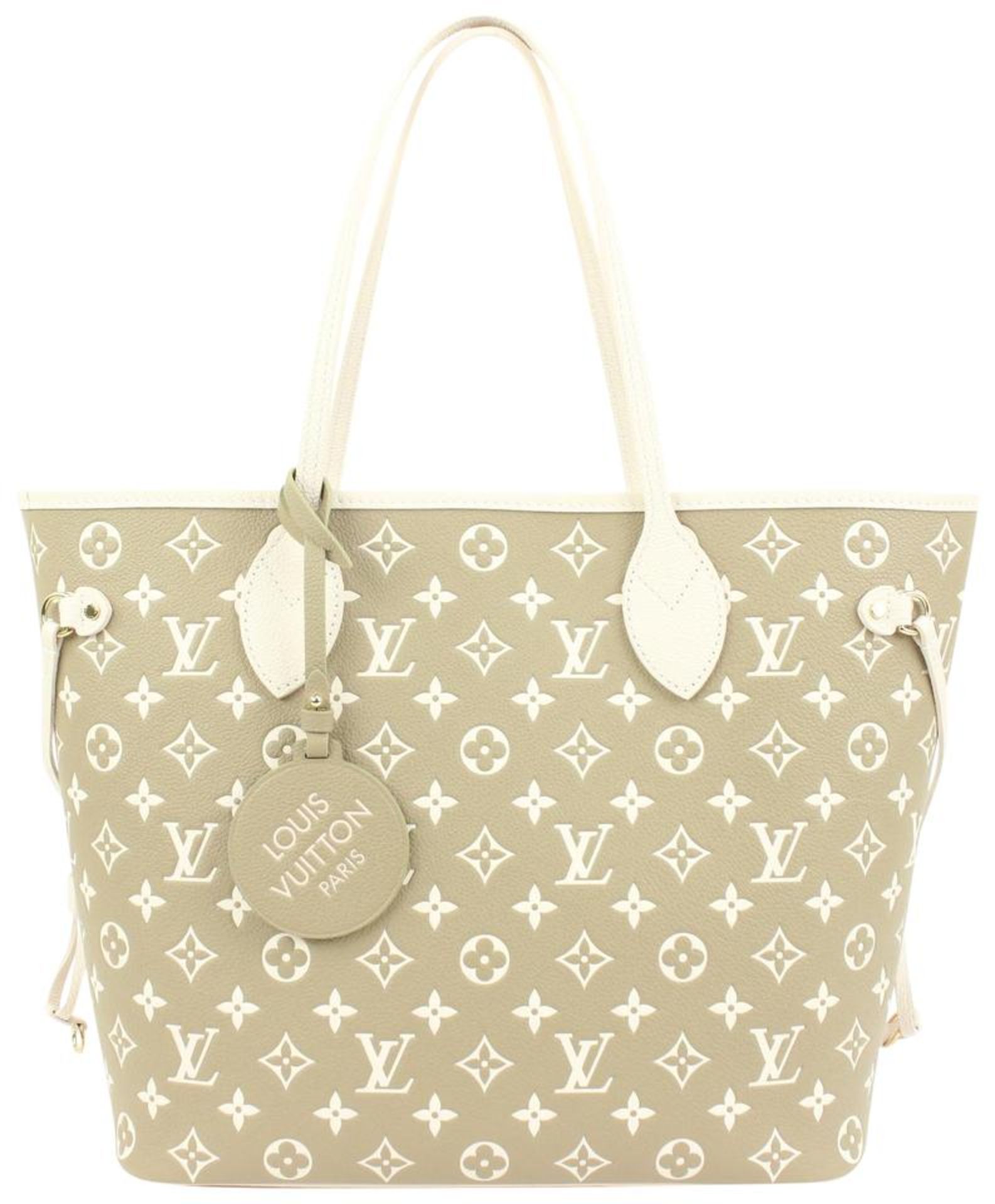 LOUIS VUITTON KHAKI X BEIGE LEATHER MONOGRAM EMPREINTE NEVERFULL MM