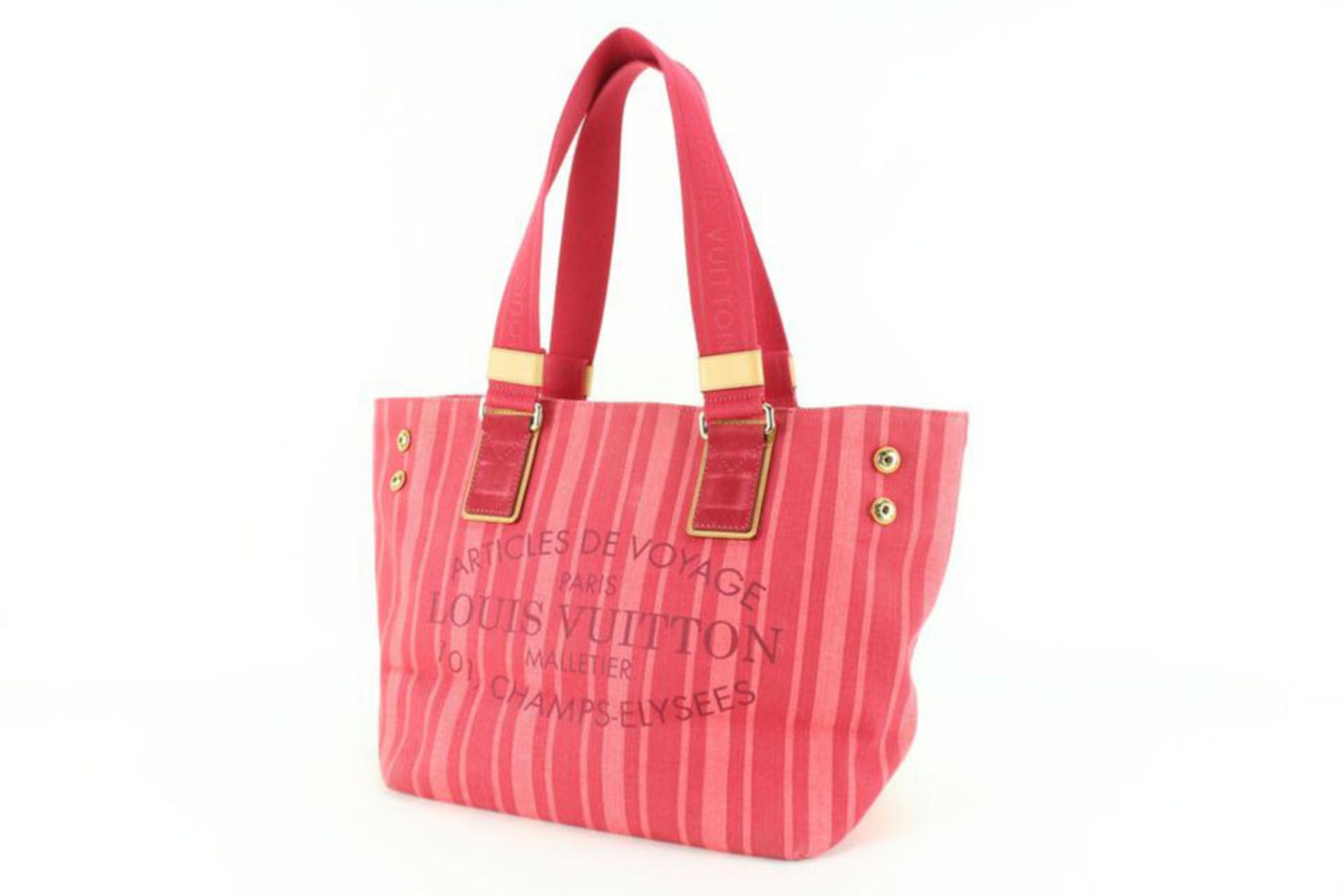 LOUIS VUITTON RED PINK STRIPED DENIM ARTICLES DE VOYAGE SOLEIL CABAS PM - Image 12 of 12