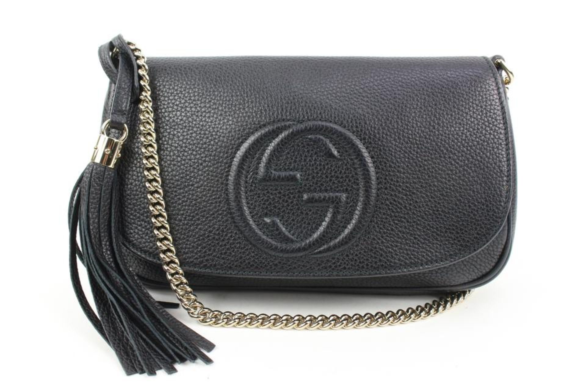 GUCCI FRINGE TASSEL BLACK PEBBLED CALFSKIN MEDIUM SOHO FLAP CROSSBODY