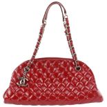 CHANEL RED QUILTED PATENT BOWLING CHAIN BAG