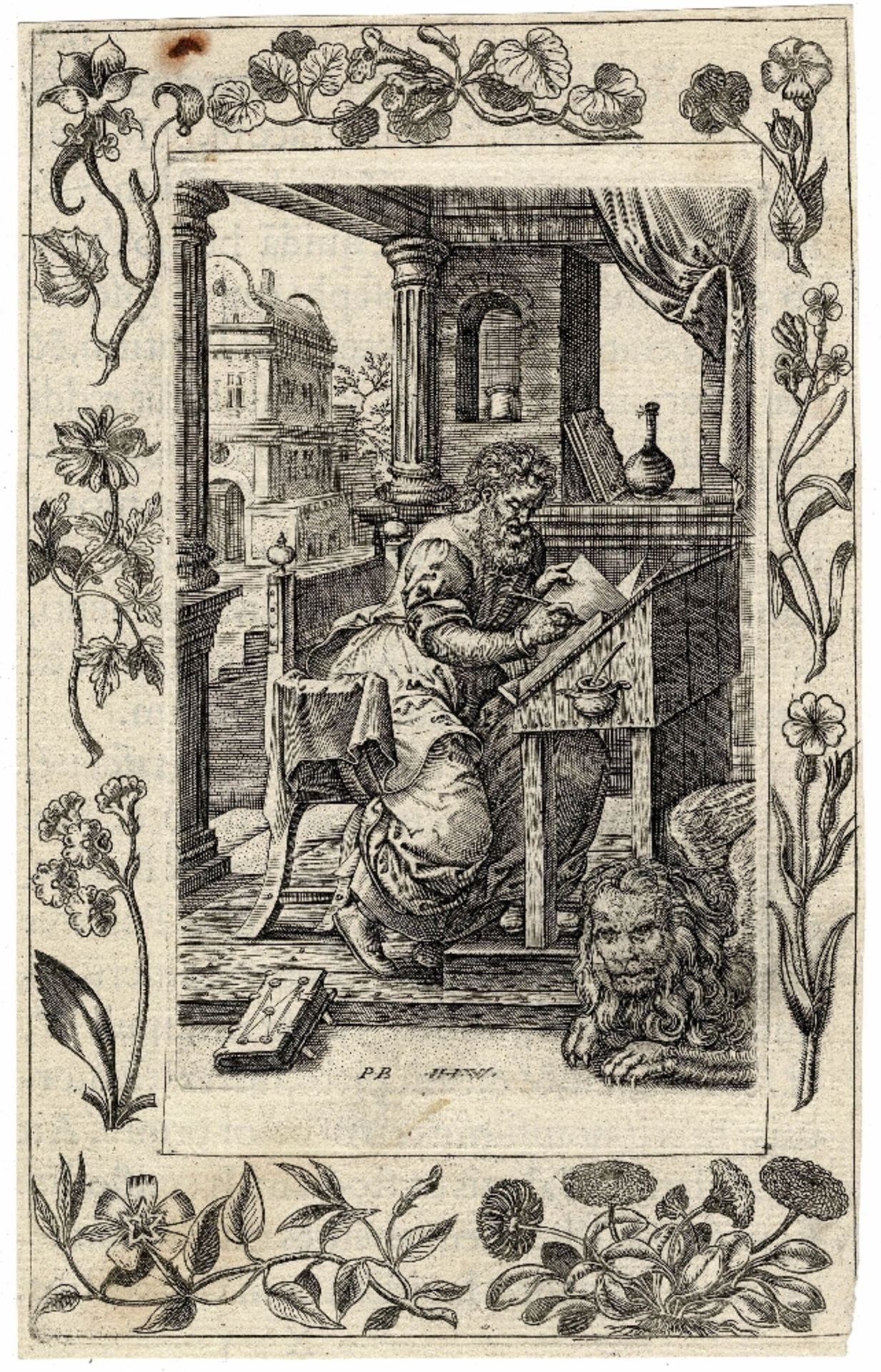 Pieter vander Borcht, Joannes Wierix,  Evangelist  Saint Marcus in his study. 