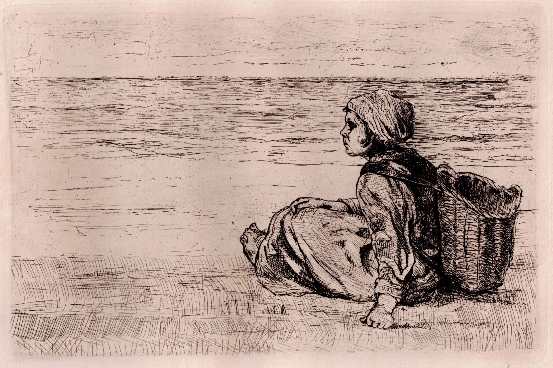 Jozef Israëls -  Girl with basket seated on the shore - 1879