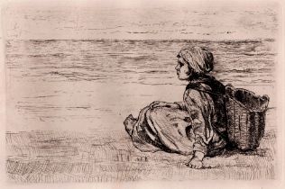 Jozef Israëls - Girl with basket seated on the shore - 1879